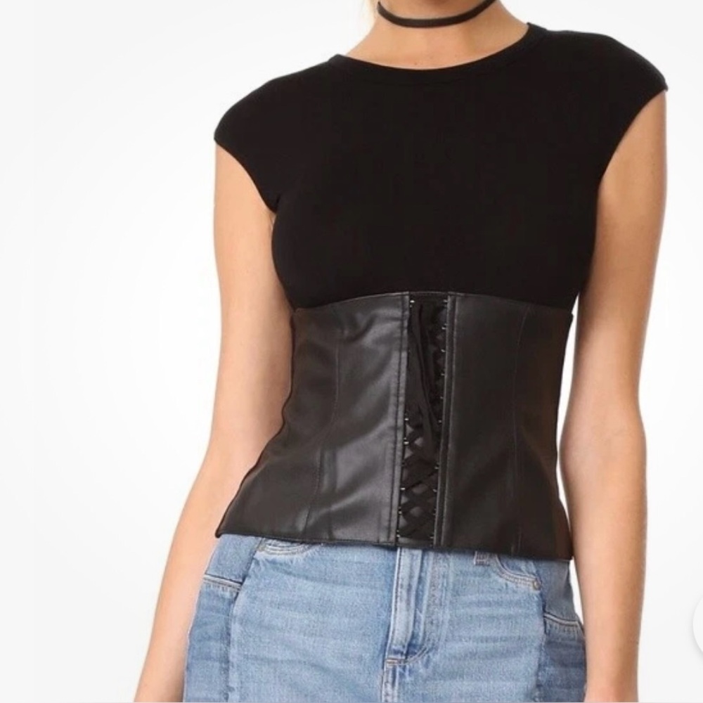 BAILEY 44 Black Faux Leather Corset Top Cap Sleeves size Medium